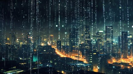 Night Cityscape with Digital Rain