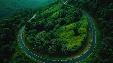 Aerial View of a Winding Road Through Lush Green Forest