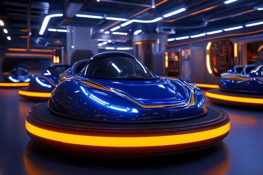 A futuristic theme park featuring levitating rides and VR experiences that transport visitors to alternate realities