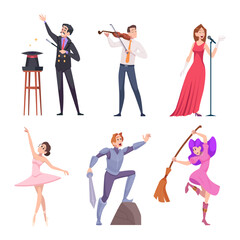 Theatre performance. Musicians and dancers on stages orchestra sh ow exact vector cartoon characters dancing couples