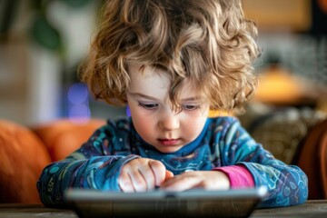 E-learning or home schooling concept. Cute little kid doing homework using digital tablet searching information on the internet. Modern technology.