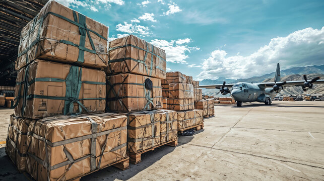 Military cargo plane being loaded with supplies on the tarmac - Powered by Adobe