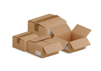 Vector cartoon 3d boxes pile illustration. Cute stack of opened and closed cardboard parcels with shadow on white. Realistic 3d warehouse packaging, storage, relocation, transportation concept.