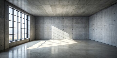 Bare and industrial, a vacant grey concrete room features a single window, casting subtle shadows on the cold, unadorned walls and minimalist floor.