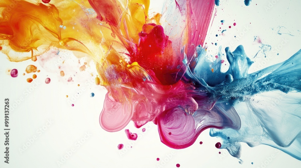 Poster abstract art with vivid splashes of color and soft gradients. plenty of copy space on the left.
