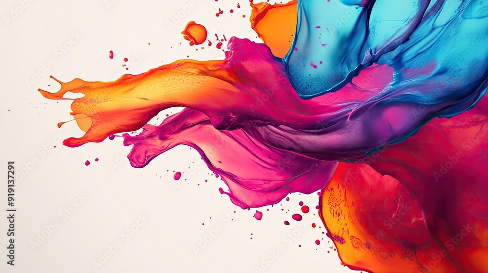 Poster abstract art with vivid splashes of color and soft gradients. plenty of copy space on the left.