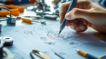 A close-up of an engineer's hand sketching a design on graph paper with technical tools around