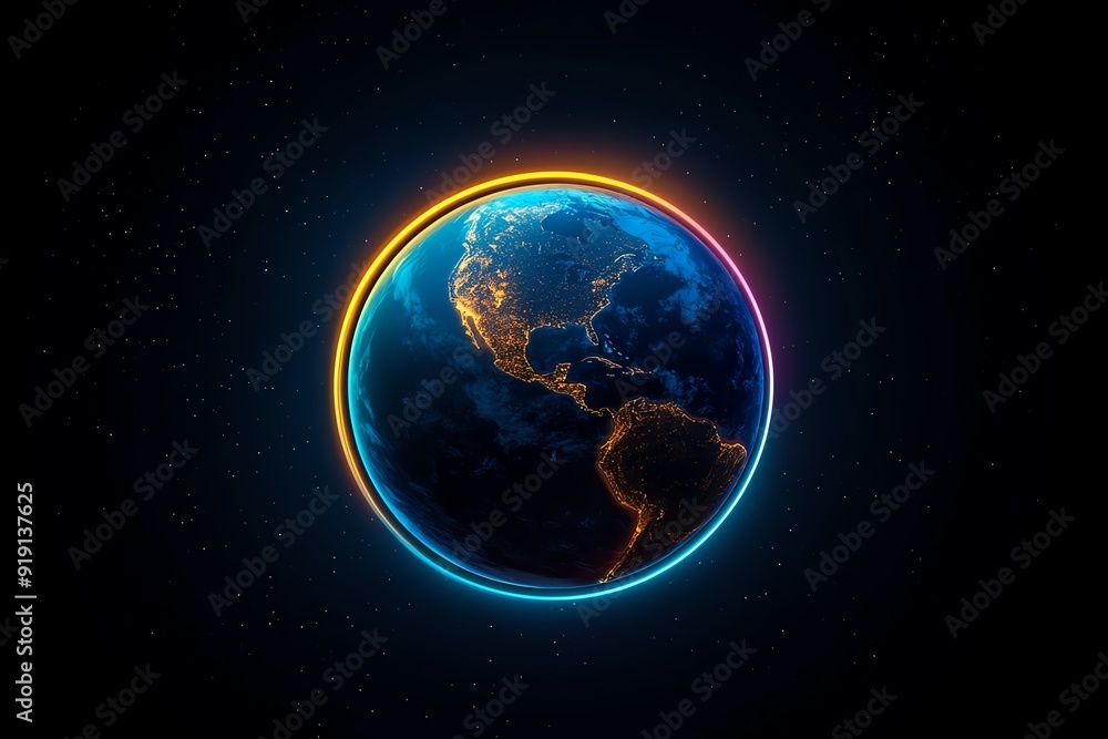 Poster a minimalist poster showcasing a simple outline of earth with a thin, protective ring representing t