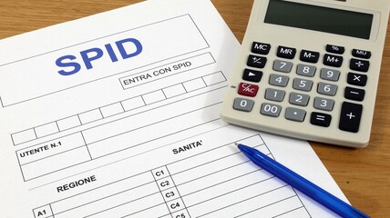 SPID online with registration form in Italian on the desk with pen and calculator.