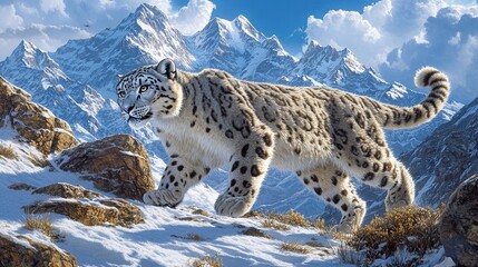 Fototapeta premium Majestic Snow Leopard Prowls Through Rocky Terrain in Stunning Image