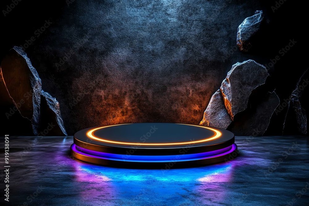 Poster a realistic photo of a neon podium in a conference hall, illuminated by glowing neon lights that cre