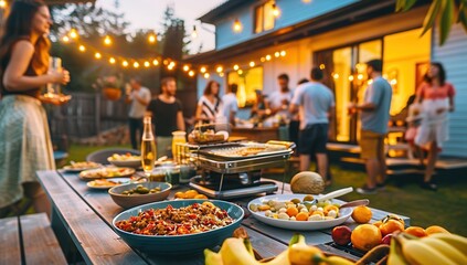 Family gathering at home with food and drinks, string lights, blue and white house, golden hour.