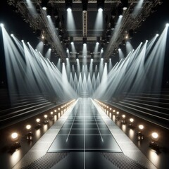 Empty catwalk with many spotlights, fashion event, runway podium stage
