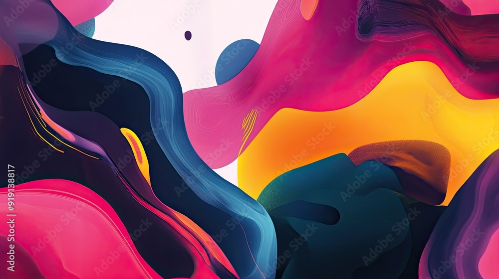 Poster abstract design with bold colors and fluid shapes. ample copy space on the right.