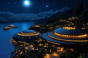 A Sci-Fi alien civilization with a unique architecture made of organic, bio-luminescent materials, illuminated under a binary star system