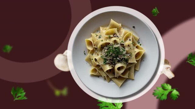 Mushroom pappardelle Pasta&rlm; with grated Parmesan cheese, dried parsley, black pepper, Onion and garlic
