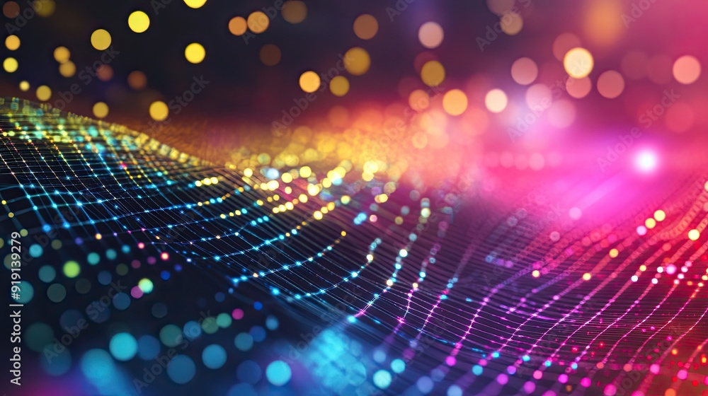 Poster abstract digital background with a futuristic grid pattern and vibrant colors. copy space on the top