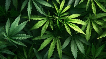 Marijuana leaves on a background, close up top view on cannabis leaves and branches on background for alternative medical and marketing design concept