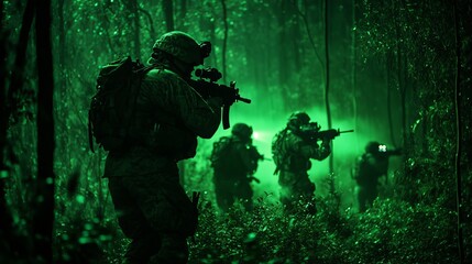 Fototapeta premium Night Vision Patrol: Soldiers Navigate Dense Terrain