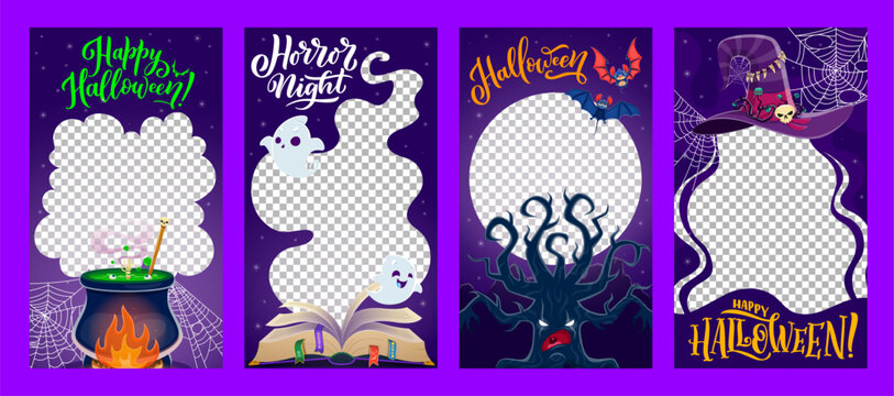 Halloween holiday social media templates for posts with funny ghosts, vector frames. Halloween holiday social media storytelling post template with witch potion cauldron, bats and magic spell book