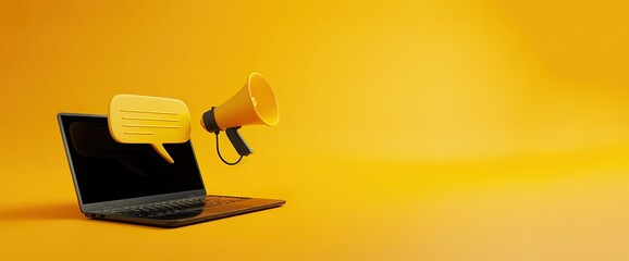 A laptop with a megaphone and a speech bubble coming out of the screen, representing online communication and marketing. The yellow background highlights the vibrant nature of online advertising.