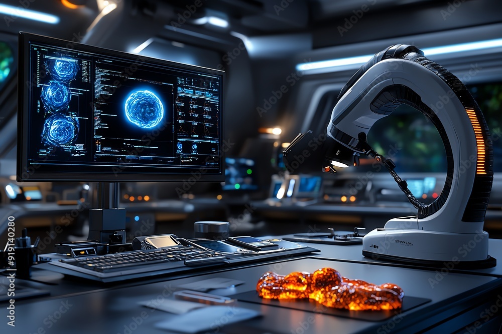 Poster a sci-fi laboratory where scientists are studying alien dna, with advanced equipment and strange bio