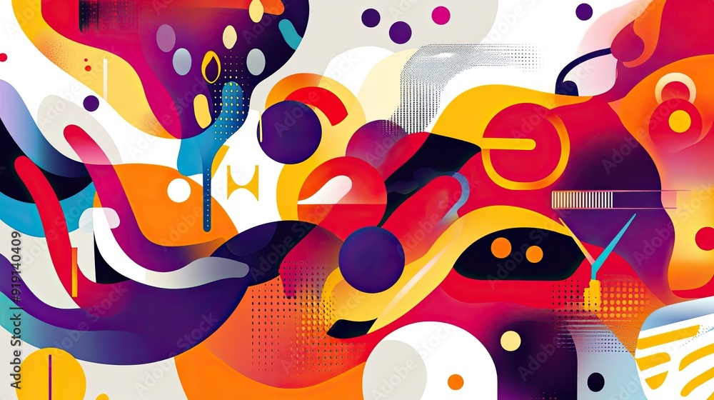 Poster Abstract pattern with interconnected shapes and bright colors. Plenty of copy space on the left.