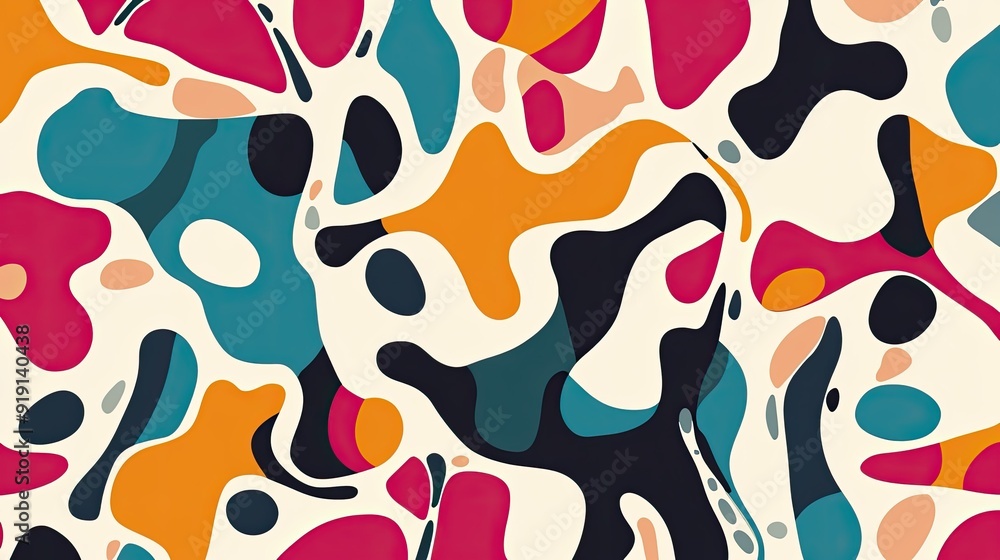 Poster Abstract pattern with interconnected shapes and bright colors. Plenty of copy space on the left.