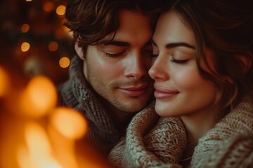 Obraz premium Smiling couple in warm clothing embracing and enjoying cozy moment by fireplace radiating warmth and joy, couple reflecting happiness of being together in love nest