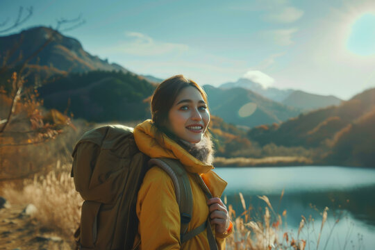 Cheerful young woman in beanie and backpack enjoys hike by serene mountain lake surrounded by autumn foliage