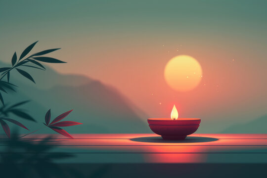 Indian Diya lamp candle burning on floor at calm background, creating serene and peaceful atmosphere, symbolizing inner tranquility and spiritual reflection