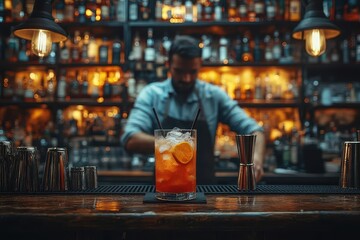 Obraz premium atmospheric speakeasy with art deco elements bartender crafting cocktail soft jazz playing mysterious luxurious ambiance