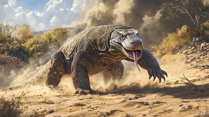 Fototapeta premium Komodo Dragon Strolls Across Sandy Ground in Stunning Photo