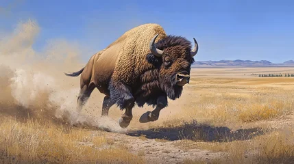 Fototapete Rund Powerful Bison Charging Across the Prairie   Stunning Wildlife Photo © Kopgz-41