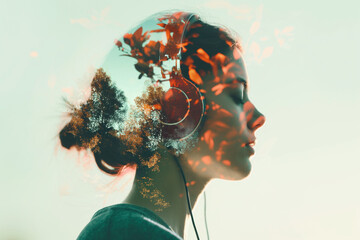 Young woman listen to music with double exposure with autumn leaves with copy space