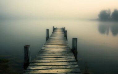 Fototapeta premium Misty Morning Wooden Dock Leading to Unknown in Calm Lake Water.
