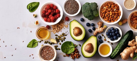 Colorful array of fresh fruits, vegetables, grains, seeds, and flowers on grey background, space for text.