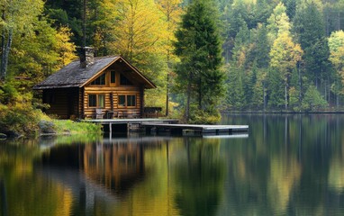 Obraz premium Secluded Log Cabin on a Serene Lake with Autumn Colors and Reflections.