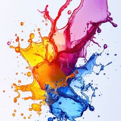 Abstract Colorful Liquid Splashes -  Vibrant Yellow, Blue, Red and Purple Paint Explosions on White Background.