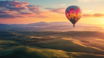Fototapeta premium Hot Air Balloon Soaring Over Rolling Hills at Sunset - Aerial View.