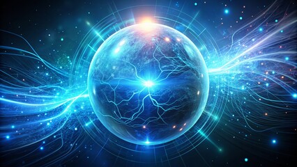 Fototapeta premium A futuristic, glowing blue orb surrounded by swirling electrons and circuitry, suspended in mid-air, against a dark, gradient background with subtle sparks.