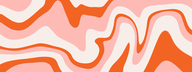 Obraz premium Groovy Waves Background. Psychedelic Abstract Wavy Curves Vector Pattern in 1970s Hippie Retro Style for Print on Textile, Wrapping Paper, Web Design and Social Media. Red and orange colors