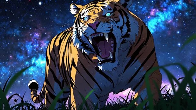 野原で銀河を見つめ怒る虎が吠えるカラフルで明るいアニメーション