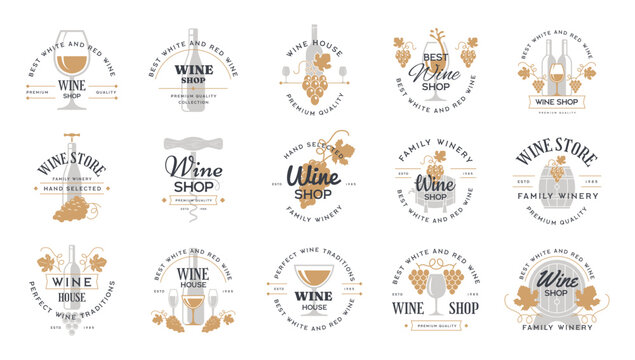 Wine badges. Identity collections of wine market logos with grapes and alcohol bottles recent templates set