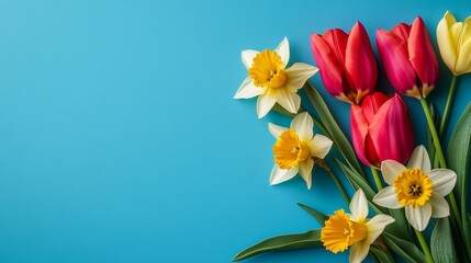 Floral frame with tulips, daffodils, crocuses, hyacinths - spring flowers background
