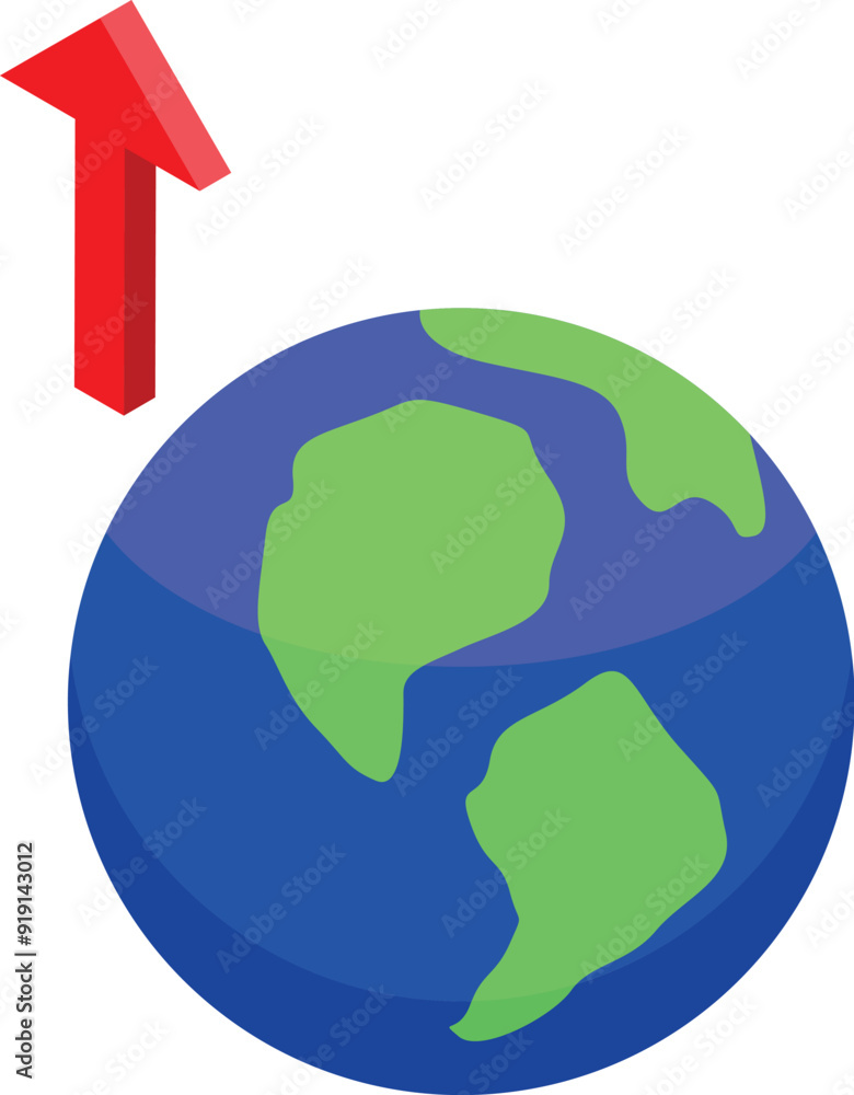 Poster simple stylized drawing of planet earth with continents and a red arrow pointing up