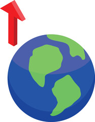 Simple stylized drawing of planet earth with continents and a red arrow pointing up