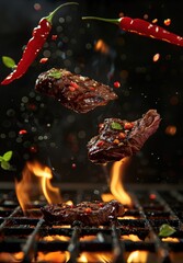 Colorful shish kebabs on the grill with flames and burning wood chips, black background
