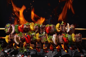 Colorful shish kebabs on the grill with flames and burning wood chips, black background