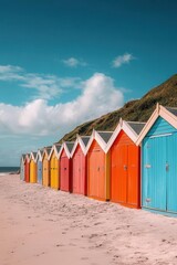 Colorful Beach Huts on a Sunny Day with Blue Sky and White Clouds.